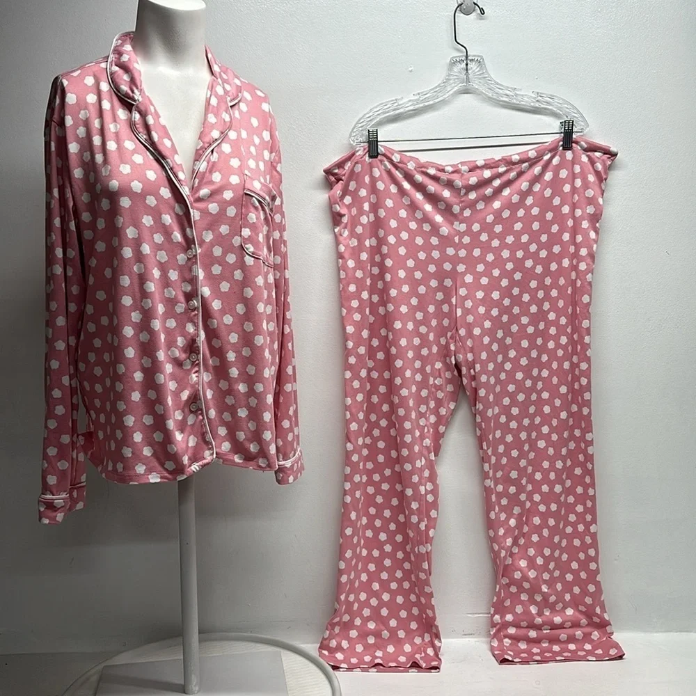 Kate Spade Pajama Set 2 Piece Long Sleeve Button Down Shirt Pants Pink Large